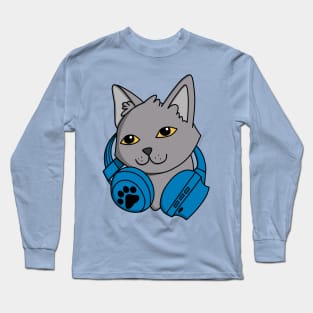 British Shorthair Cat's Blue Headphones Long Sleeve T-Shirt